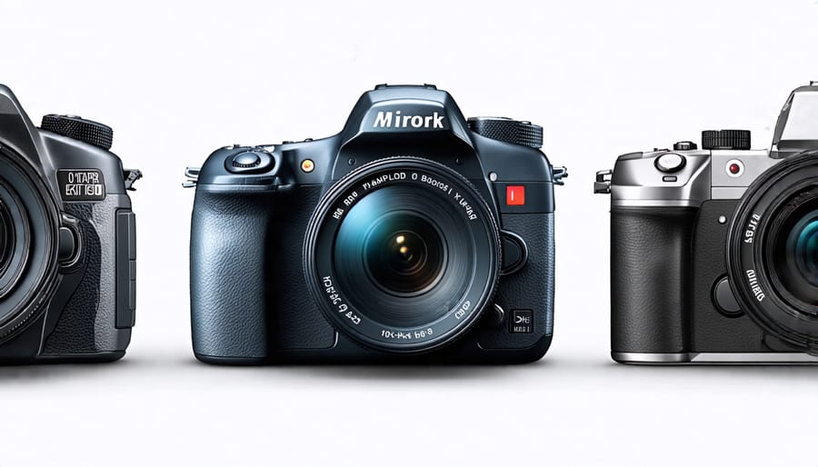 Side-by-side comparison of DSLR, mirrorless, and compact cameras illustrating size and design differences