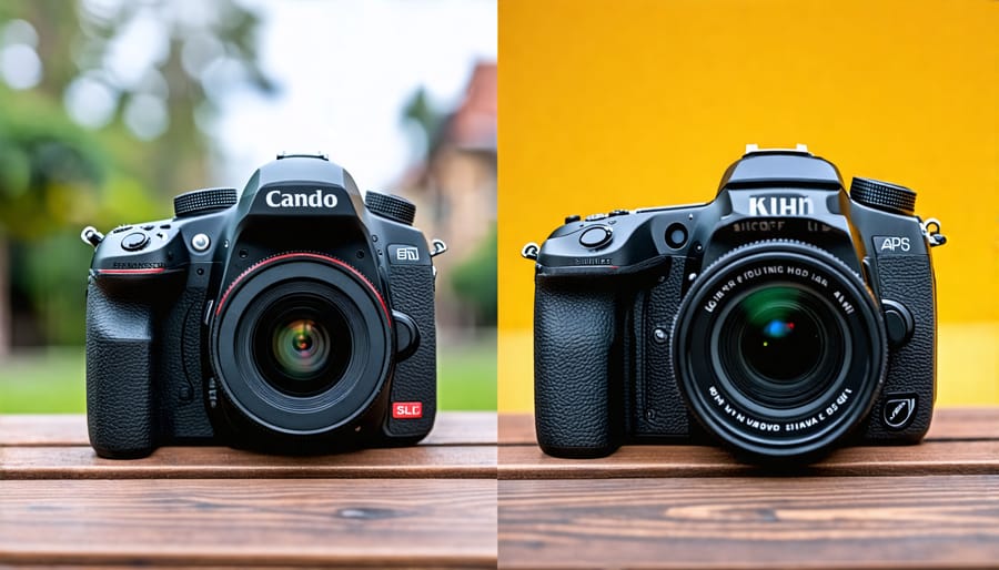 A DSLR camera and a mirrorless camera placed next to each other for comparison