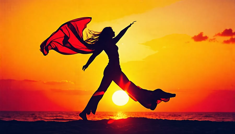 Dynamic silhouette portrait of a person in motion with flowing fabric against a vibrant sunset, illustrating creative portrait photography techniques.