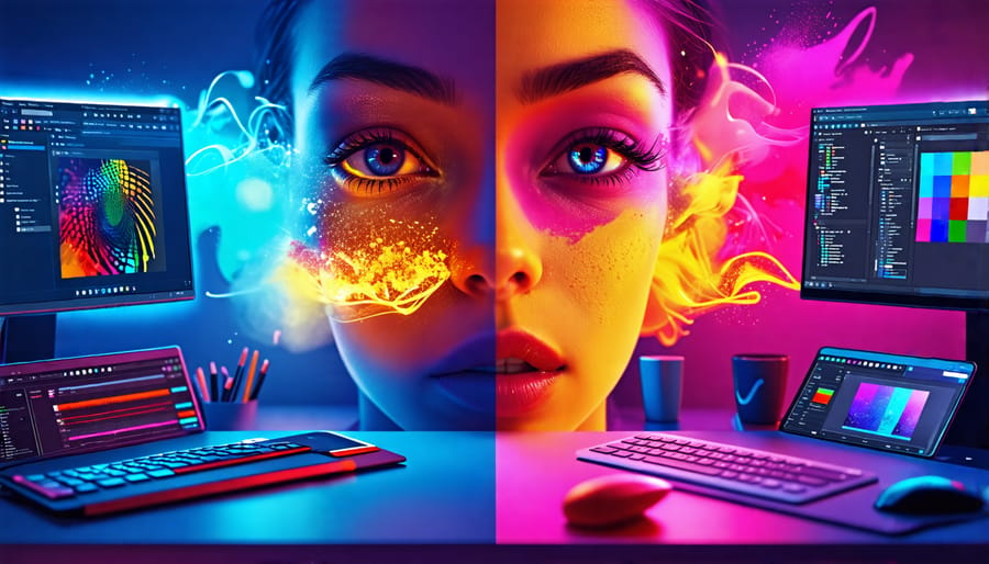 A vivid depiction of a digital photo editing workspace illustrating a before-and-after transformation with software tools, exemplifying the creativity and power of non-destructive editing.