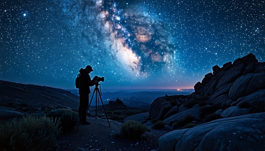 A photographer silhouette sets up a tripod and camera to capture the Milky Way under a star-filled night sky, showcasing the magical allure of night photography.