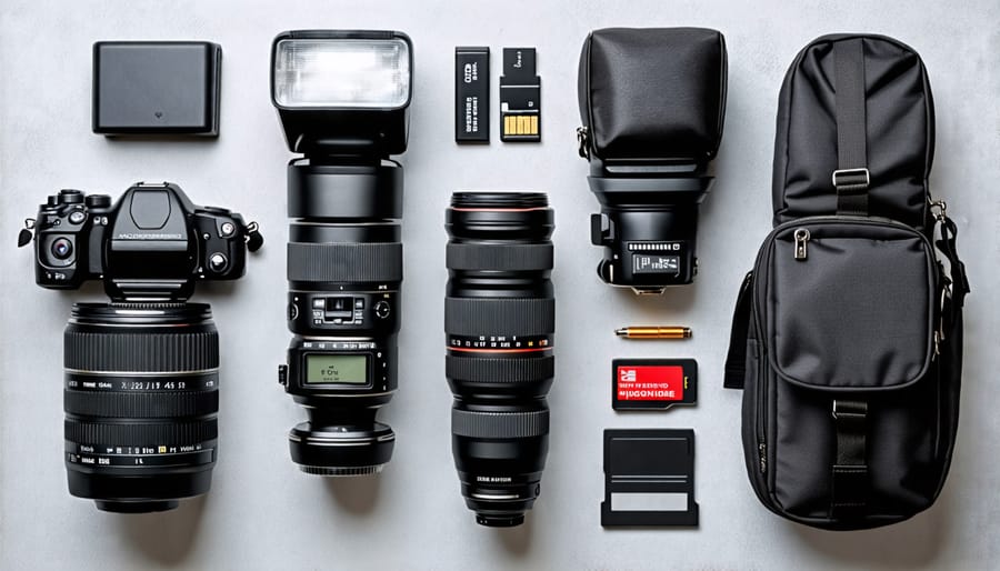 A still life of essential wedding photography gear, including a camera body, versatile lens, external flash, memory cards, spare batteries, and a camera bag.