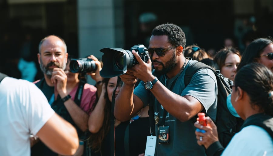 An ethical photojournalist documenting a diverse and emotionally charged event, emphasizing the importance of truth, integrity, and respect while capturing the unfolding story.