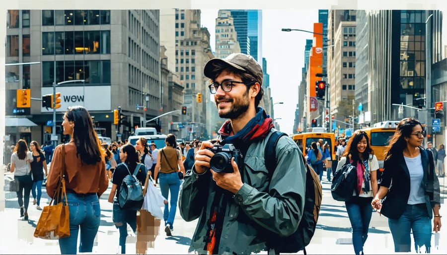 Street photographer capturing diverse candid moments in a city, exemplifying empathy and respect towards subjects.