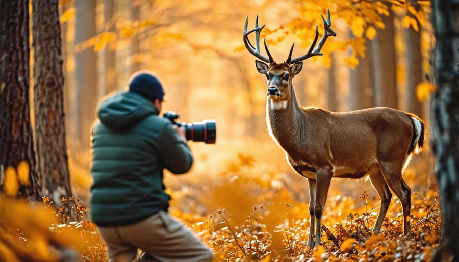 A wildlife photographer respectfully observing a deer from a distance with a telephoto lens in a tranquil forest setting, illustrating ethical photography principles.