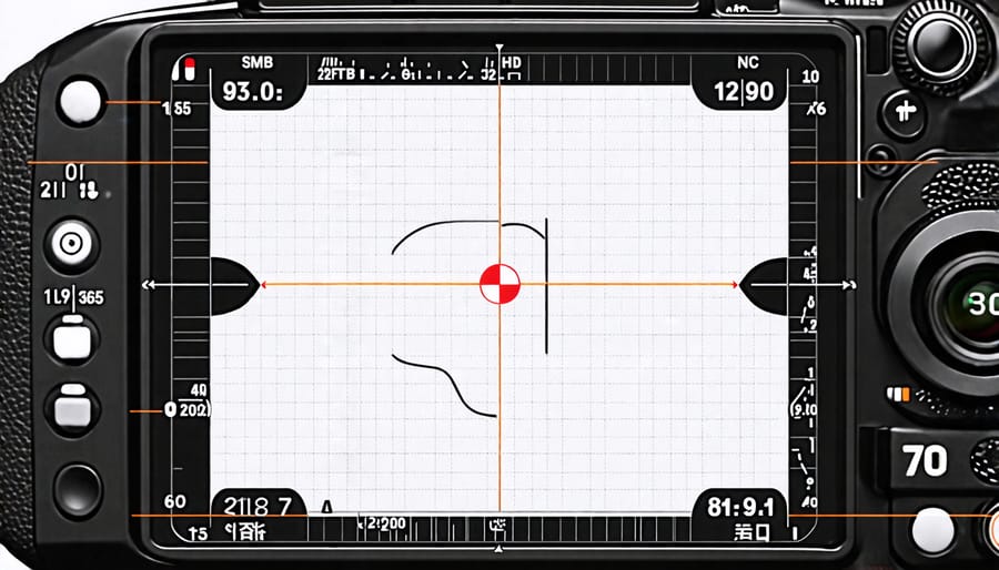 Simulated electronic viewfinder image with focus peaking and exposure information displayed