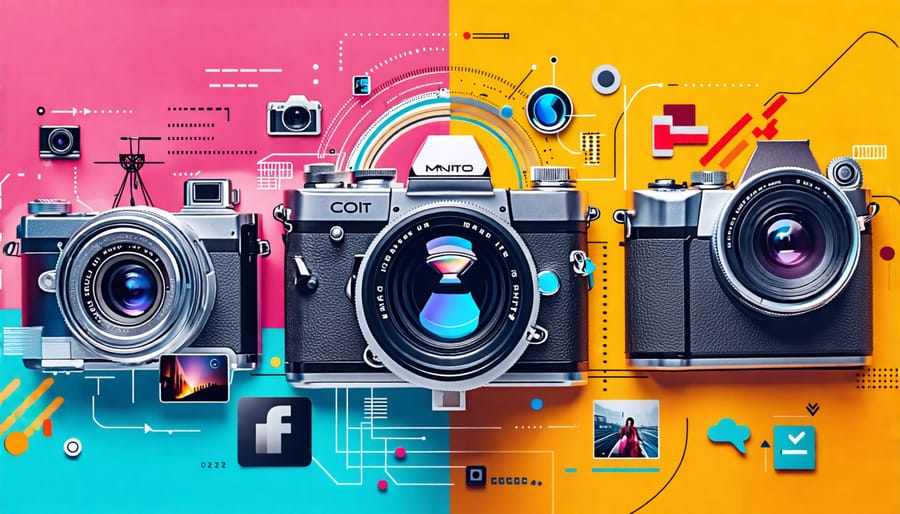 An artistic collage depicting the evolution of the photography industry, featuring a transformation from film to digital cameras, alongside symbols of mobile photography and social media's impact.