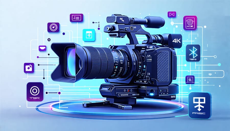 A modern video camera encircled by symbols of advanced features such as 4K resolution, high frame rates, and wireless connectivity, illustrating the technological innovations in contemporary videography.