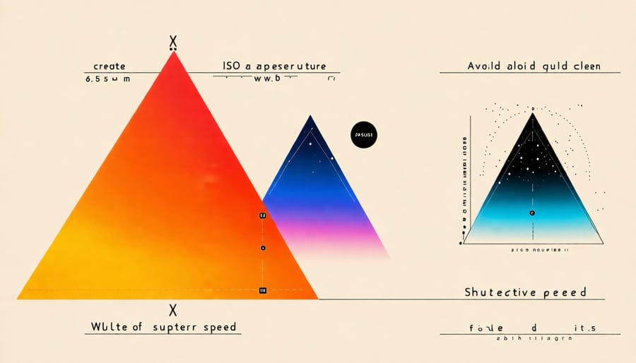 Diagram showing the exposure triangle components: ISO, aperture, and shutter speed.