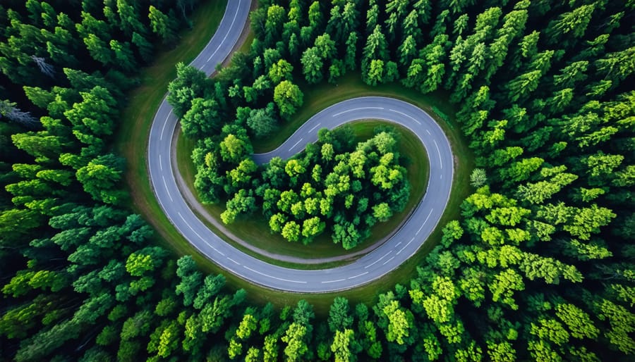 Drone photo of a curving road in a forest, demonstrating rule of thirds composition