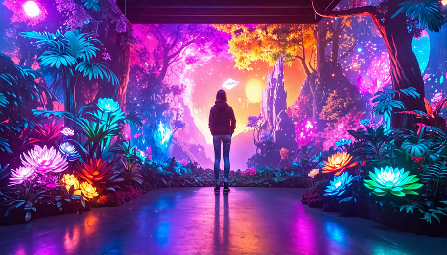 Individual engaging with an augmented reality photo booth, surrounded by dynamic virtual elements and backgrounds that merge with the real world.