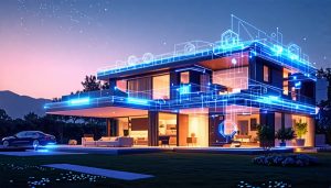 A conceptual depiction of a futuristic smart home with glowing lines representing integrated devices and connectivity in a twilight setting.