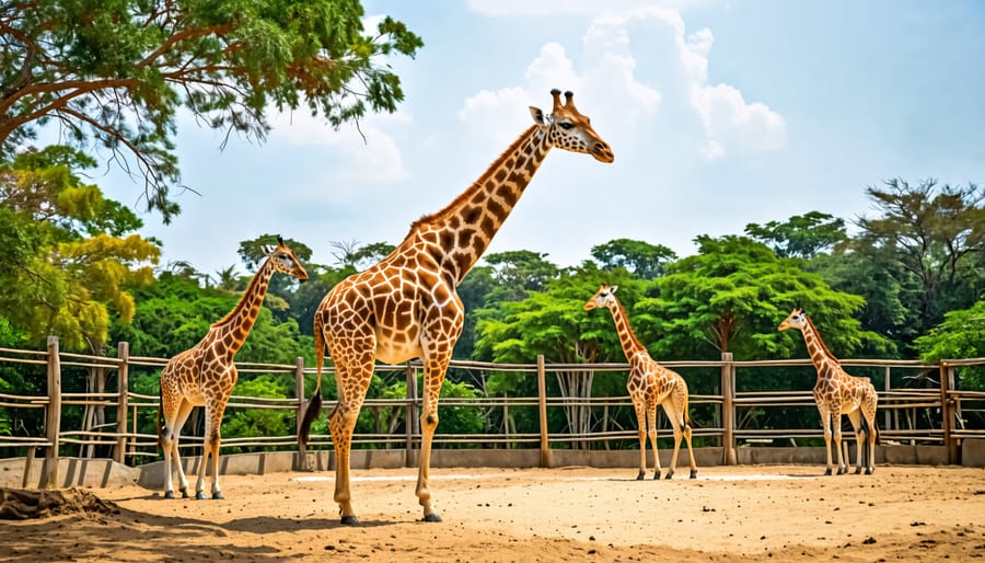 Giraffe in a zoo habitat enclosure with other giraffes and environmental elements