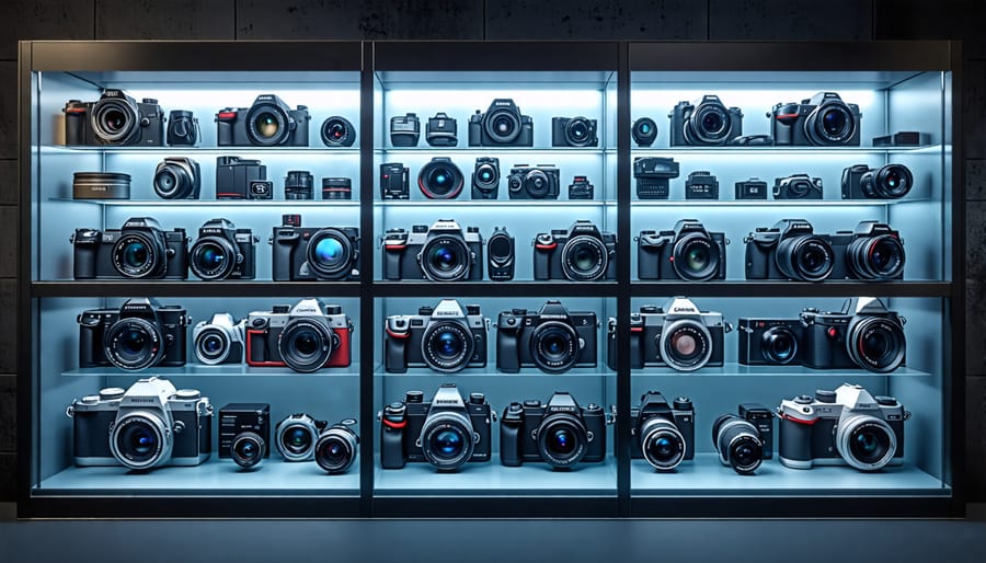 High-end cameras displayed in a protective glass cabinet.