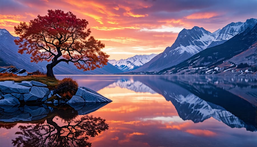 A serene landscape at golden hour with a lake reflecting colorful skies and snow-capped mountains, emphasizing composition techniques.