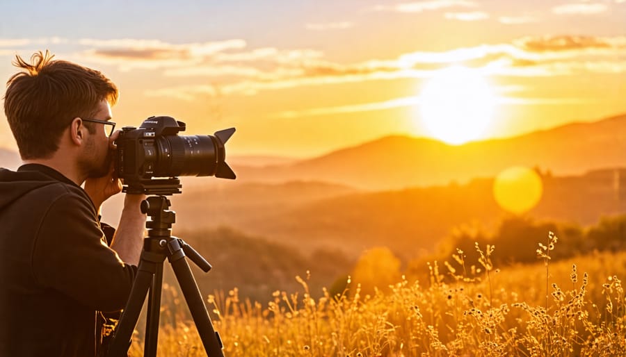 Silhouette of a photographer with a tripod photographing a scenic landscape at sunset