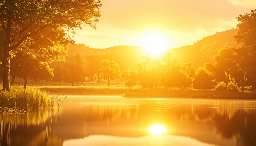 Serene landscape bathed in warm, golden hour light