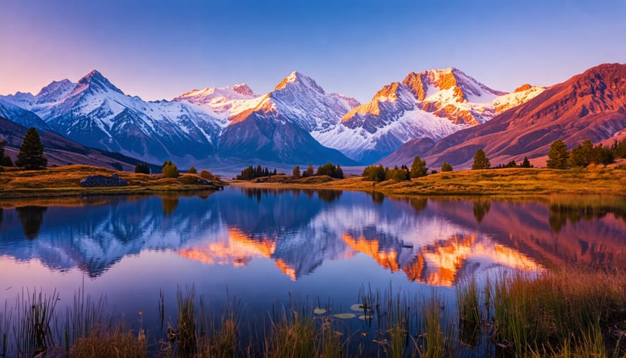 Mountain landscape reflected in a tranquil lake during golden hour