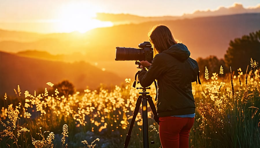 Photographer captures landscape during the warm, glowing light of golden hour