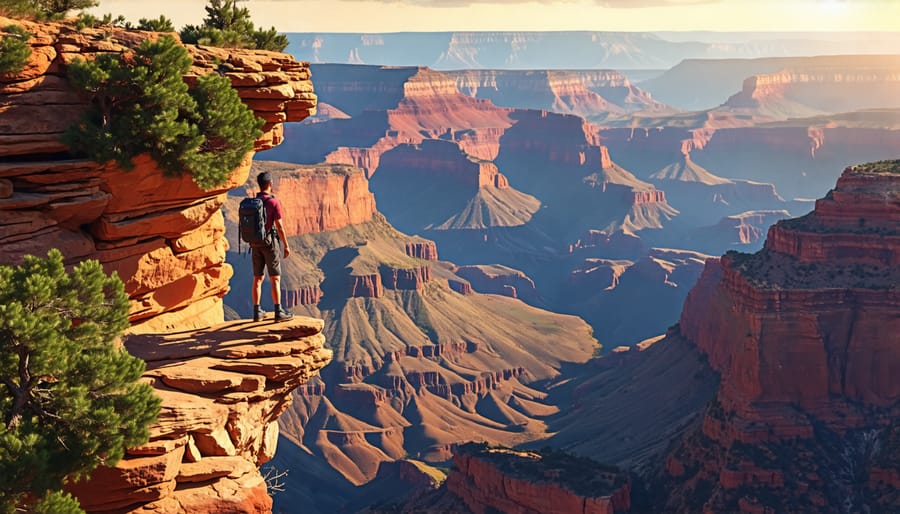 Hiker providing scale to the immense canyon landscape