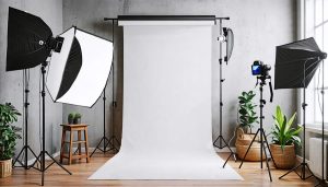 A stylishly organized home photography studio featuring a backdrop stand, softbox lights, camera on a tripod, and assorted photography equipment, capturing the essence of a creative and functional workspace.