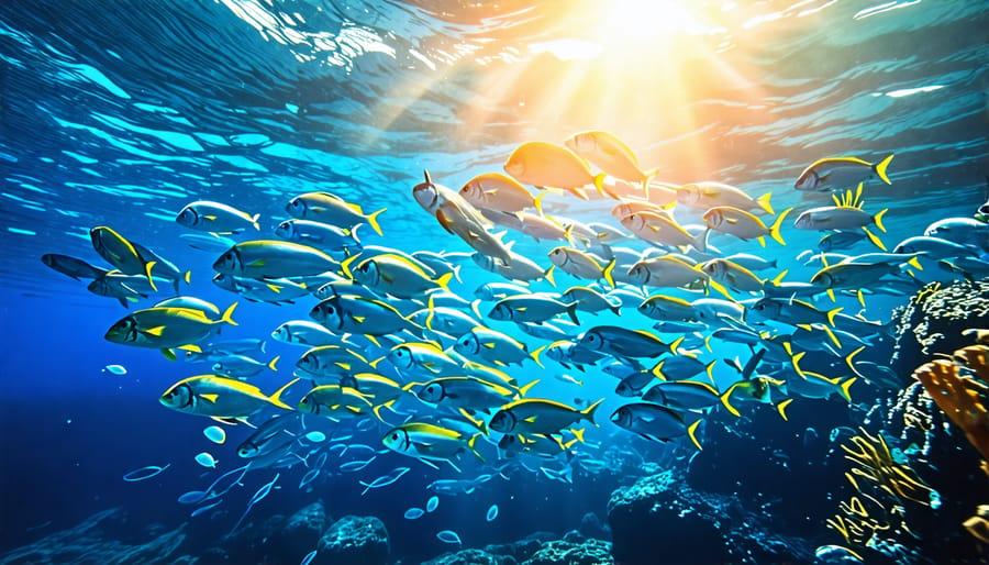 A mesmerizing underwater scene showcasing a school of fish illuminated by sunlight