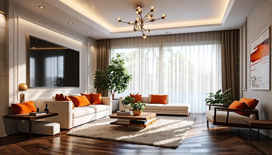 Well-lit and staged interior photo of a living room for a virtual tour