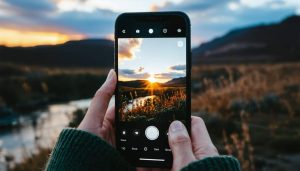 An iPhone being used to capture a sunset image, with the camera interface displaying the rule of thirds grid for composition.