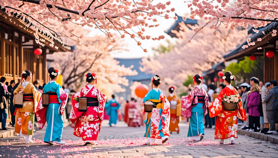 Participants in traditional attire during a Japanese festival with colorful floats