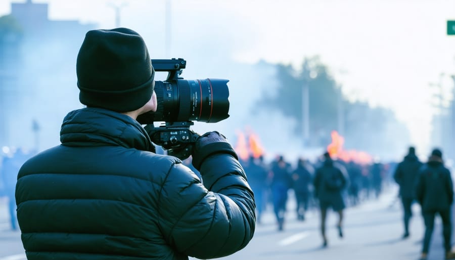 Photojournalist demonstrating objectivity by not interfering with the scene