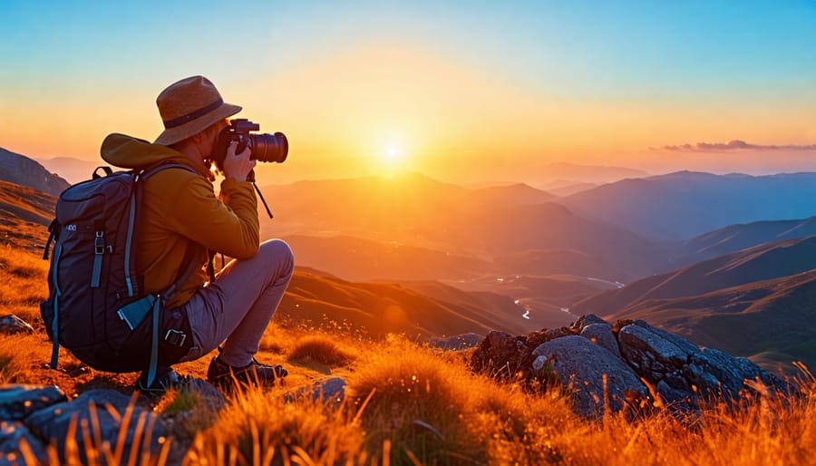 Silhouette of a photographer with a tripod taking a photo of a beautiful sunrise over mountains