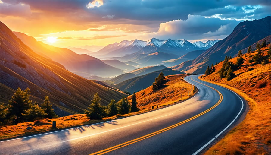 Scenic mountain landscape with a curving road as a leading line