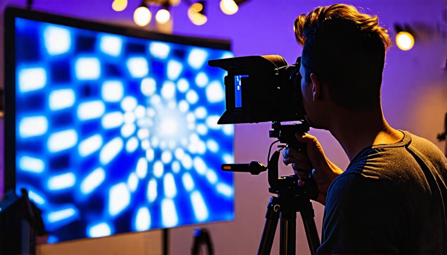 Photographer setting up an LED screen displaying a digital background