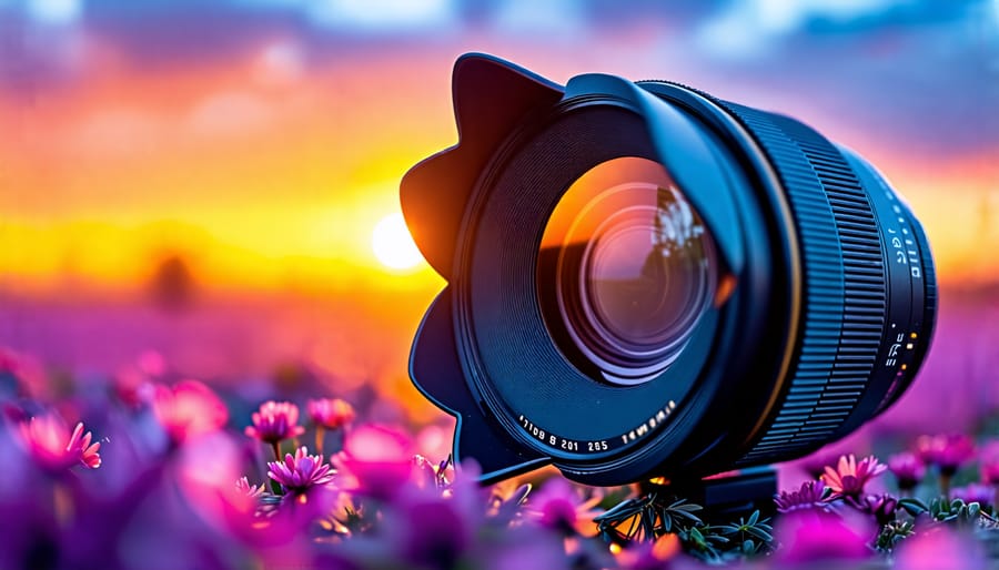 A camera lens with an attached petal-shaped lens hood, placed against a background of vibrant sunrise colors, illustrating the function of a lens hood in enhancing image clarity and blocking glare.