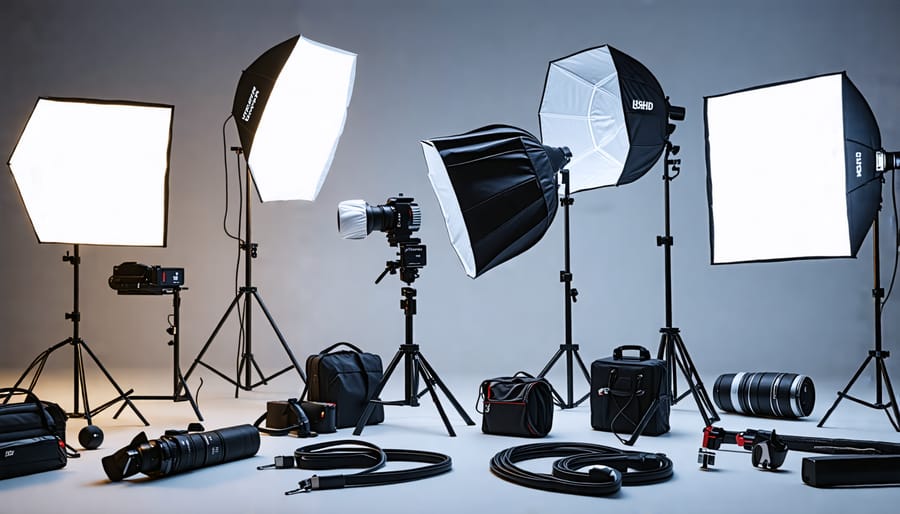 Display of lighting equipment and modifiers including softboxes and reflectors