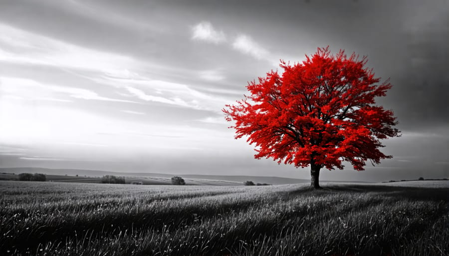 Monochrome landscape photograph with a red filter effect enhancing contrast