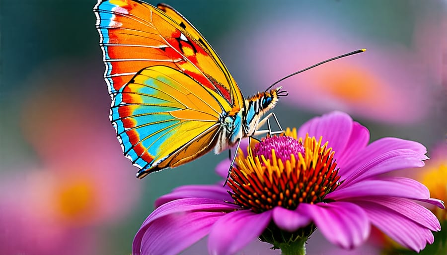 Detailed macro shot of a butterfly with vividly patterned wings resting on a bright flower, highlighting the intricate structures of the wings and petals.