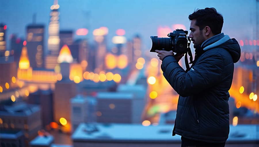 A professional photographer demonstrating a stable camera holding technique with elbows tucked and camera positioned securely, set against an iconic cityscape background.