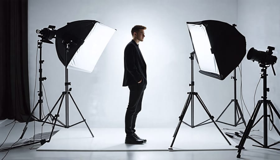 Photograph of a photography studio setup demonstrating 3-point lighting technique with a model surrounded by key light, fill light, and back light to achieve balanced and dynamic portrait lighting.