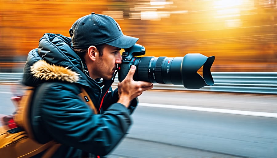 A professional photographer capturing high-speed action at a race, focusing through a DSLR with blurred motion in the background to illustrate speed and dynamics.