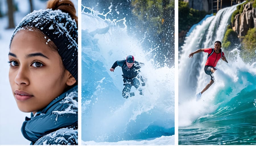 A collage of three photos showing a portrait with shallow depth of field, a long exposure waterfall, and a fast-shutter-speed action shot, with camera setting icons overlaid.