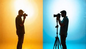 Photographer in a studio demonstrating the contrast between hard and soft lighting, with a visible transition between warm and cool tones to illustrate the impact of color temperature in photography.