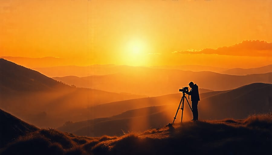 Conceptual image of a serene landscape illuminated by golden hour light, with a silhouette of a photographer capturing the scene.