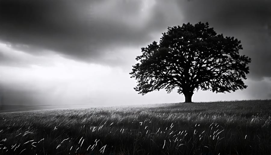 Black and white image of a lone tree in a field under a dramatic sky, showcasing high-contrast lighting.