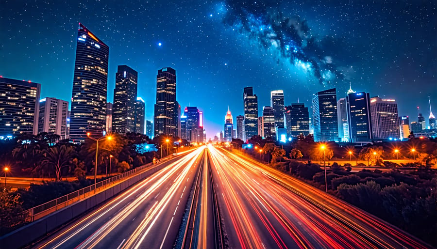 A night-time cityscape with vibrant light trails from cars and brightly lit skyscrapers against a starry sky, showcasing the dynamic and enchanting aspects of night photography.