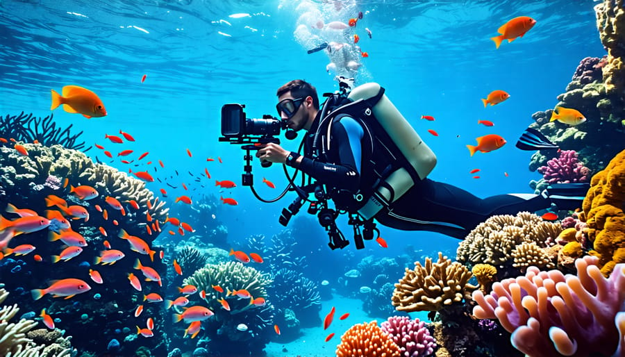 An underwater photographer perfectly balanced mid-water, set against a vivid coral reef backdrop, showcasing advanced underwater photography gear and techniques.