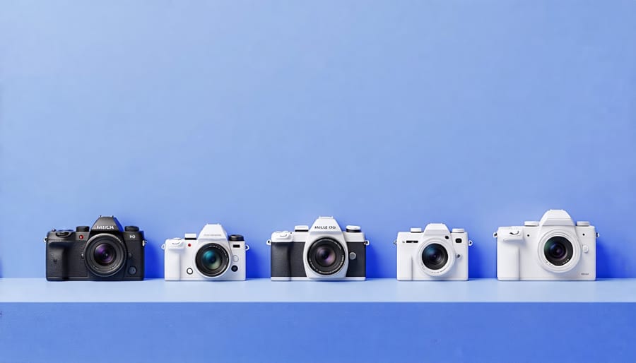 Select cameras displayed in a minimalist setting with a clean aesthetic.