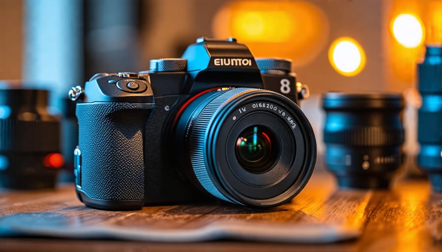 A sleek mirrorless camera surrounded by compact lenses, with a deconstructed DSLR in the background, highlighting the evolution from DSLR to mirrorless technology and the emphasis on compact design.