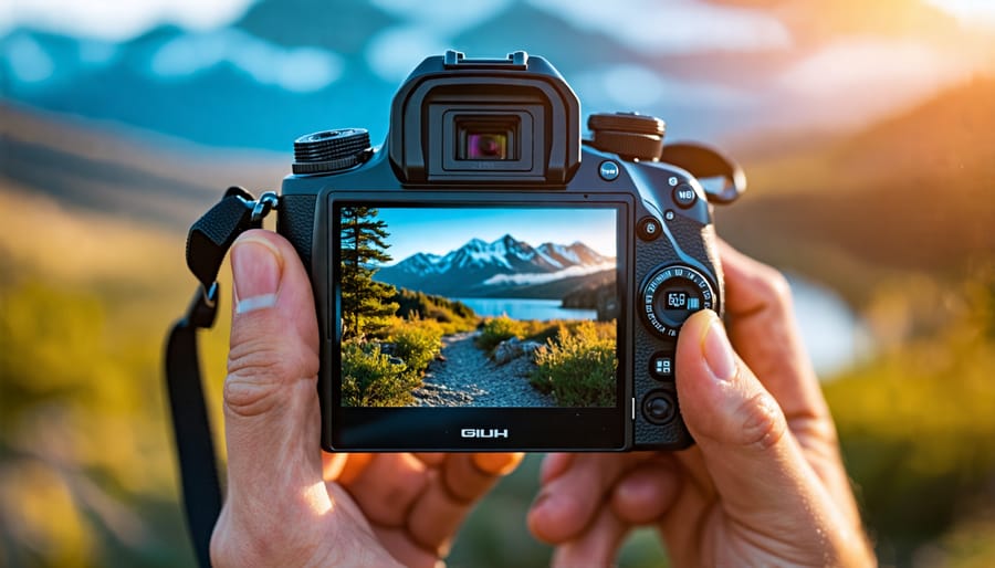 Photographer using a mirrorless camera for landscape photography