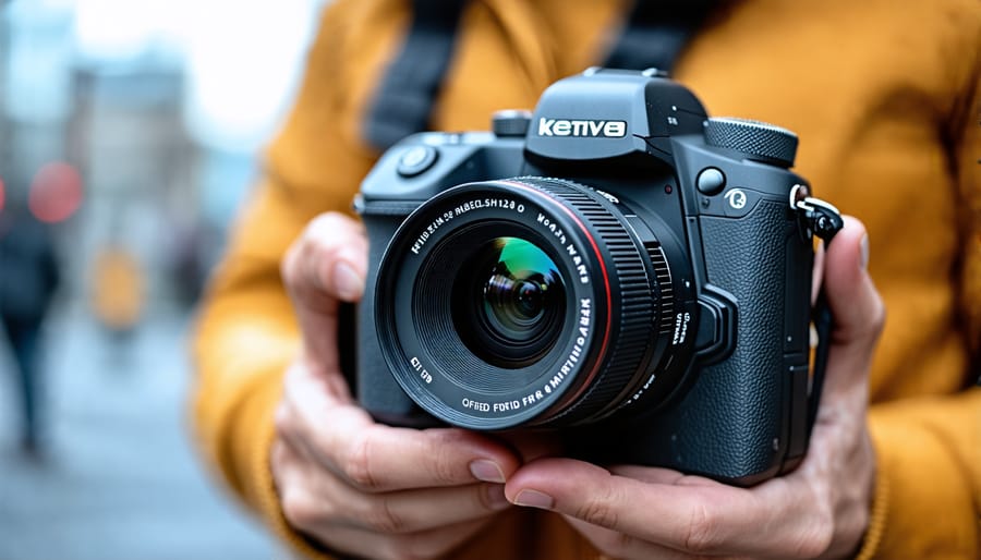 Photographer using a modern mirrorless camera system with interchangeable lenses